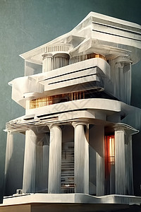 希腊语复兴风格建筑 数字艺术 3D 插图城市邻里街道草地酒店大厦早餐树木蓝天房子图片