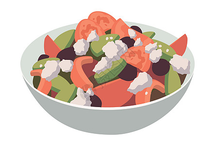 盘碗白色背景的希腊沙拉现实菜盘矢量营养饮食菜单沙拉蔬菜食谱插图美食健康餐厅设计图片