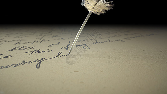 3d 渲染墨水笔在旧纸上写诗床单古董签名故事手稿卡片文化滚动学术界羽毛图片