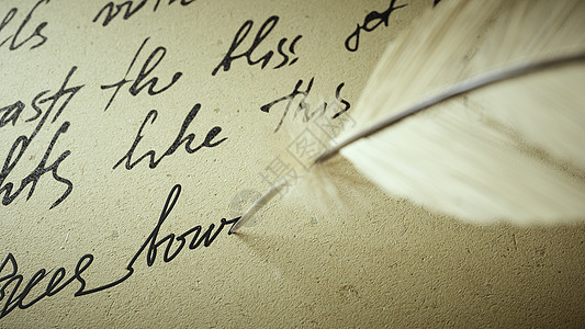 3d 渲染墨水笔在旧纸上写诗故事滚动手稿历史笔记时间文化诗人签名脚本图片