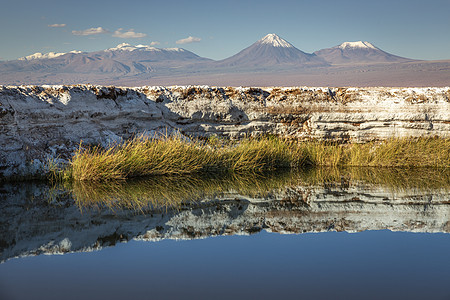 智利阿塔卡马沙漠日落时火山景观和盐湖反射山脉气候风景目的地天空普纳荒野戏剧性地方草原图片