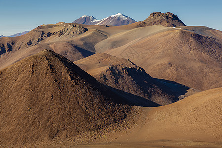 智利北部的阿塔卡马沙漠 积雪火山和干旱地貌爬坡风景全景山脉天空国际目的地地标橙色旅游图片