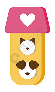 矢量黄色房子与猫和狗与白色心脏在粉红色屋顶平面样式圆形图标隔离在白色背景图片