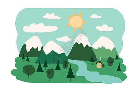 以斯堪的纳维亚风格用山脉显示自然颜色平方矢量顶峰绘画旅行卡通片孩子插图作品爬坡岩石孩子们图片