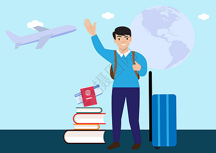 挥手告别出国留学的小男孩带着行李护照标志 机票 书籍 飞机 出国旅行平面风格矢量图图片