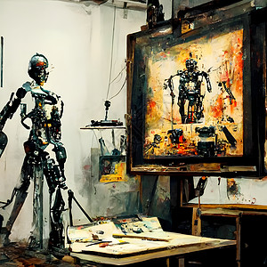 摄影棚旁的人类形态机器人艺术家 在工作期间画画和油漆 神经网络Ai产生艺术 笑声小说工作室插图技术绘画机器创新平局画架人工智能图片