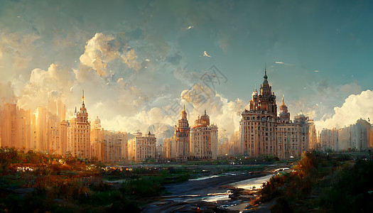 斯大林帝国风格的城市 绿草和灌木在前头 神经网络创造艺术图片