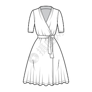 用深V颈 短袖 大尺寸 膝盖长度 圆形切割 领带来展示衣物技术时装图示脖子计算机男性腰部小样女性女孩织物服饰裙子图片