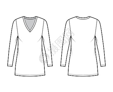 穿T恤衫的时装技术插图 上面有V颈 长袖 小长度 体型超大 佩内西百货草图衬衫兜帽球衣设计计算机膝盖孩子们脖子女士图片