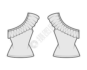 最顶端的单肩技术时装图示 配有轮斗 装配身体 伸展棉条小样肩膀织物男性棉布设计女装荷叶衣服计算机图片