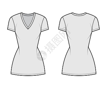 穿T恤衫的时装技术插图 有V颈 短袖 小长 合身 佩内西百货小样草图球衣女士身体棉布纺织品女性孩子们绘画图片