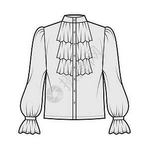 披肩领 长袖主教 颈部起立 扣子松动的时装技术图示女性海盗棉布女士身体诗人下摆服饰腰部袖子图片