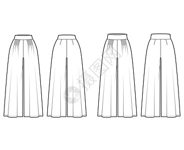 一套技术时装图示 以低正常腰 高抬起 大胸架 全长度 宽腿规格裤子设计绘画男人棉布小样孩子们宫殿口袋图片