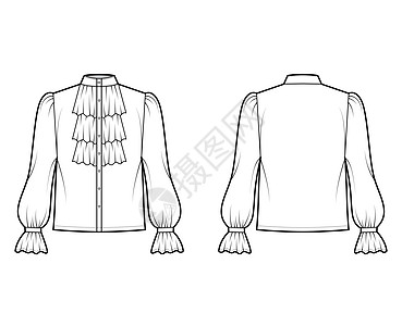 披肩领 长袖主教 颈部起立 扣子松动的时装技术图示女性织物插图计算机小样身体海盗衣服男性服饰图片