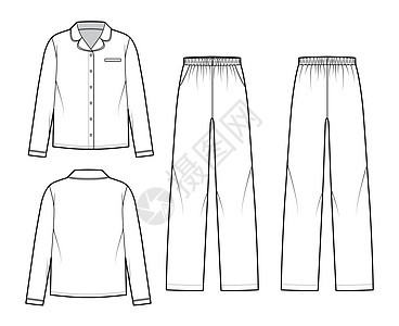 一套睡衣帕贾马式睡衣衬衫 裤子技术时装插图 全长 低腰 超大 口袋衣领孩子设计休息室计算机棉布绘画衣服女孩青年图片
