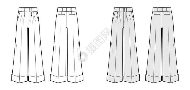 以低腰 全长 双括号 倾斜式喷口袋制作的牛福特定制技术时装图插图服饰腰部小样女士孩子们设计衣服规格绘画图片