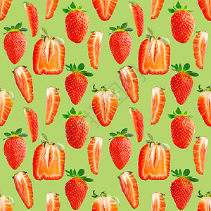 红色包装设计草莓无缝模式 绿地上隔离的里普草莓 包件设计背景叶子绿色水果宏观横幅墙纸饮食红色浆果包装设计背景