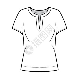 粗体技术时装插图 有双颈 放松的轮廓 宽敞的短帽袖绘画袖子脖子服饰女士身体棉布衬衫设计计算机图片