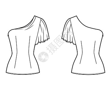 单肩顶级技术时装插图 配有合身 近身 无袖子 侧拉链棉布服装设计办公室绘画女士球座衬衫织物女孩图片