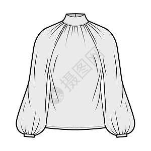 高胸颈上衣技术时装插图 后面有长长的主教袖松动 纽扣加固键孔衬衫男人设计男性脖子服饰身体袖子裙子纺织品图片