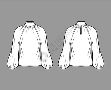 高胸颈上衣技术时装插图 后面有长长的主教袖松动 纽扣加固键孔织物绘画身体球座纺织品服饰丝绸设计女孩女性图片