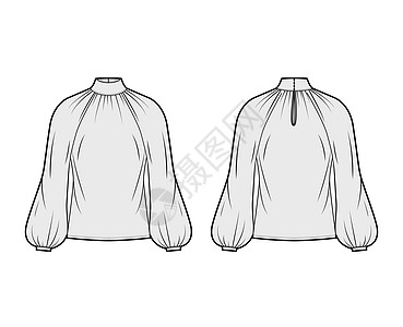 高胸颈上衣技术时装插图 后面有长长的主教袖松动 纽扣加固键孔女士裙子衬衫服饰身体袖子办公室织物脖子设计图片
