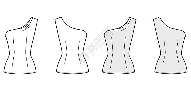 单肩顶级技术时装插图 配有合身 近身 无袖子 侧拉链丝绸织物裙子脖子服饰设计计算机男性女士纺织品图片