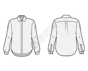 经典衬衫技术时装插图 前开口按下按钮 圆领 长袖 超大办公室纺织品袖子女士身体裙子球座男人服装计算机图片