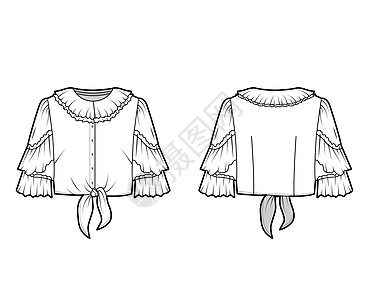 裁剪领带前衬衣技术时装图示 用折叠的项圈和袖子 前纽扣系紧衬衫服装球座男人脖子服饰裙子纺织品棉布女士图片