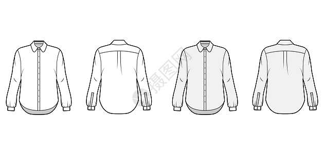 古典衬衫技术时装插图 前开口按下按钮 圆领 长袖 超大图片
