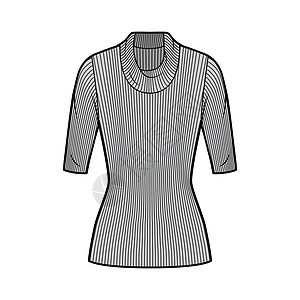 用手肘袖子 近身形状 外衣长度来显示时装技术插图 缩腰和短裤毛衣小样女士脖子绘画织物棉布丝绸女孩计算机图片