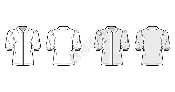 用圆领 前纽扣加固 松散的轮廓来显示时装图示 上面写着服饰织物球座计算机衬衫绘画男人裙子棉布女孩图片