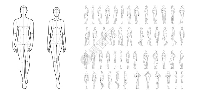 50名男女的时装模版人体男生姿势收藏男人女性女士数字插图空白图片
