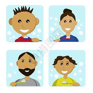 刷牙的人 儿童和成人早上或晚上做牙科护理 父母和孩子手里拿着扁平的牙刷图片