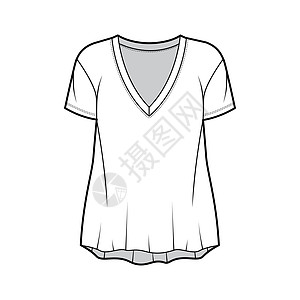 男朋友穿棉衫T恤技术时装插图 用V颈 短袖 放松的轮廓办公室女性棉布裙子纺织品衬衫男性女孩女士计算机图片