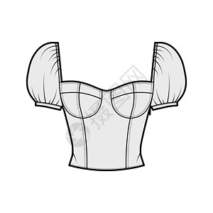 以浮肿的肩膀 模塑杯和贴近体合身的顶级技术时装插图袖子脖子小样服装设计球衣女士女孩女性棉布图片