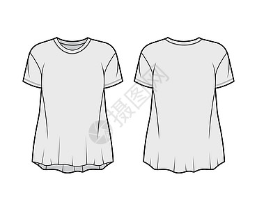 男朋友穿棉衫T恤技术时装插图 配有船员颈部 短袖 放松的轮廓女孩男性身体服饰草图针织品裙子女士服装棉布图片