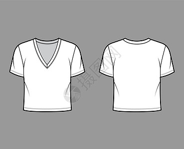 以深V颈 短袖 腰长为底的棉衫T恤技术时装图解 宽度裙子女士草图插图球衣纺织品袖子男性男人针织品图片