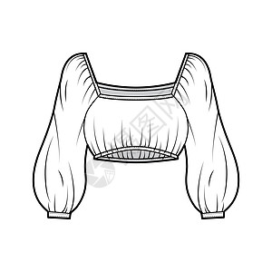 作物上衣顶级技术时尚图示 有弹性的热和肩膀 长大袖子 松散男人脖子设计衬衫身体女孩丝绸服装绘画女性图片