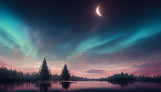 闪亮的风景湖泊星夜和北极光 数字艺术背景图片