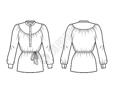 用长袖 弯曲的门达林项圈 放松的衬衫 将收集的上衣技术时装图画带织物绘画裙子服装袖子女性身体服饰办公室计算机图片