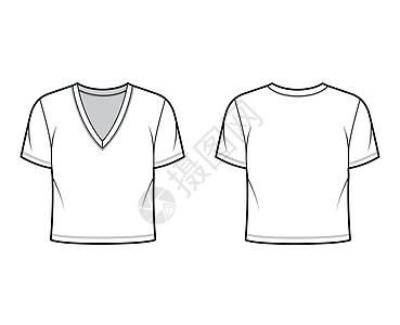 以深V颈 短袖 腰长为底的棉衫T恤技术时装图解 宽度针织品女孩办公室女性服饰草图袖子计算机插图裙子图片