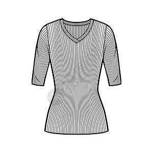 用手肘袖子 近身形状和外衣长度来显示时装 穿紧身裤的毛衣技术插图服装女孩衬衫草图脖子设计计算机小样纺织品女性图片