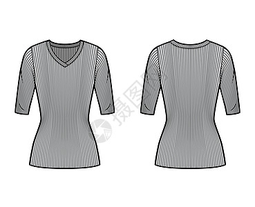 用手肘袖子 近身形状和外衣长度来显示时装 穿紧身裤的毛衣技术插图女性衬衫针织品草图计算机纺织品男人裙子服装服饰图片