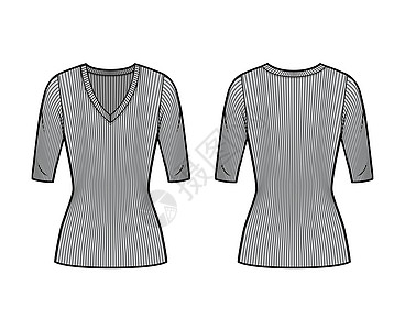用手肘袖子 近身形状和外衣长度来显示时装 穿紧身裤的毛衣技术插图计算机设计针织品男性小样女孩球衣衬衫球座裙子图片