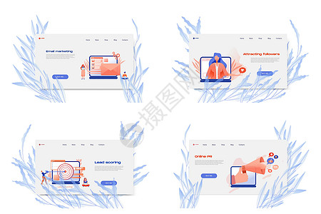 平面漫画图标 配有电子邮件营销业务上市页面模板 用于带有字符的概念设计工作主页格式金融战略商业网络粉色数据商务插图图片
