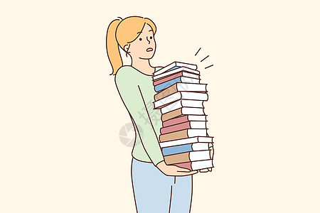 携带大量书籍的青年妇女学生智力女孩闲暇青少年学校科学学习者图书插图图片