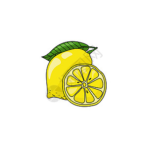果汁明亮柠檬整半 黄柑橘水果 绿色叶叶和卡通风格的黑面条图片