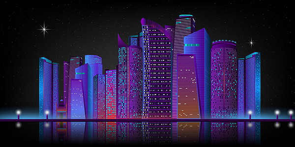 夜间城市全景与霓虹灯在黑暗的背景 带有发光的紫色和蓝色霓虹灯的未来主义城市景观 矢量图和大都市 摩天大楼 建筑物 城市天际线图片
