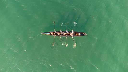 在宁静的海面上划队桨赛艇运动竞赛运动员鸟儿力量耐力速度团队动机图片
